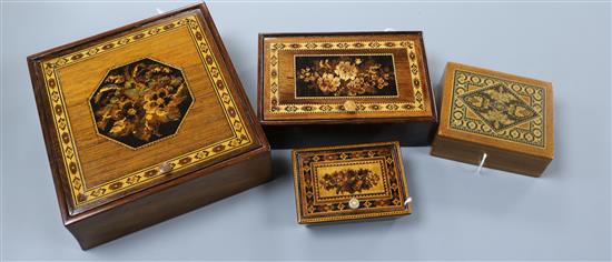 A group of four Tunbridge Ware hinged boxes,